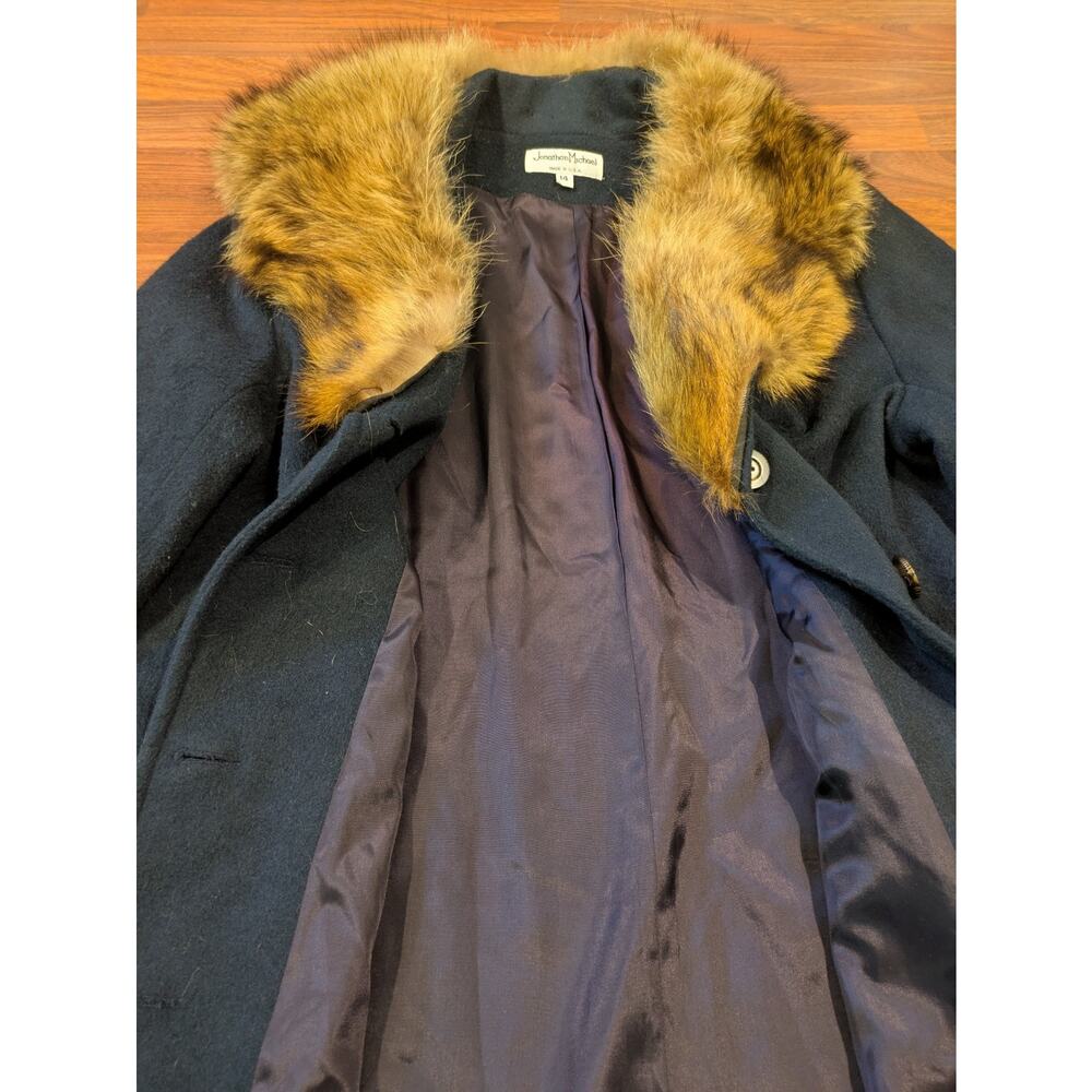 Vintage Wool Coat Real Fur Collar Long Black Overcoat USA Womens 14 Classic - Picture 5 of 12